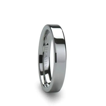 Polished flat-profile tungsten carbide wedding band, narrow width, shown at an angle