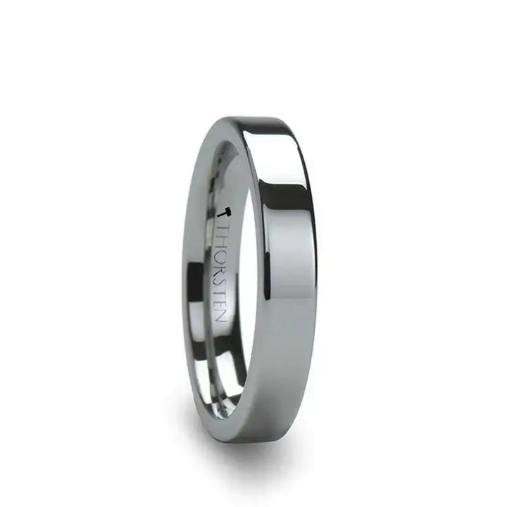 Polished flat-profile tungsten carbide wedding band, narrow width, shown at an angle