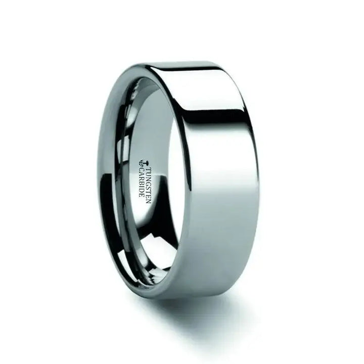 Polished flat tungsten carbide wedding band worn on a hand, narrow width