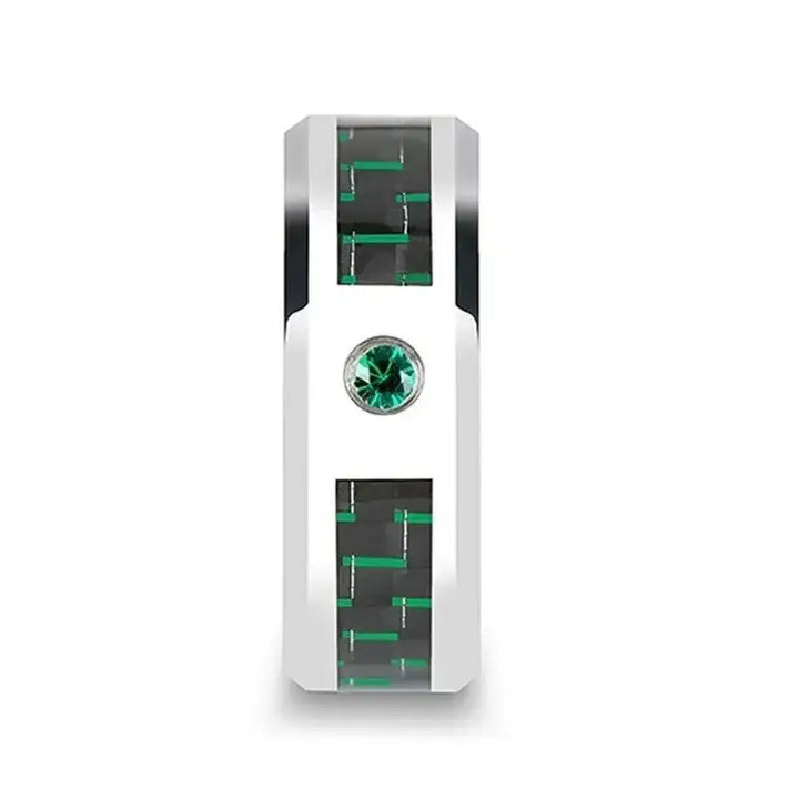 ASPEN Tungsten Carbide Ring with Black & Green Carbon Fiber and Green Emerald - 8mm - Larson Jewelers