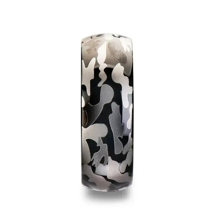 Front view showing the full black and gray camo pattern on the 8mm domed tungsten carbide ring