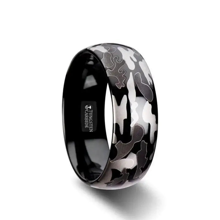 Angle view of an 8mm domed black tungsten carbide ring with black and gray camouflage pattern