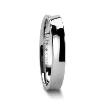 Concave polished tungsten carbide wedding band in a slimmer width, angled view with THORSTEN interior engraving