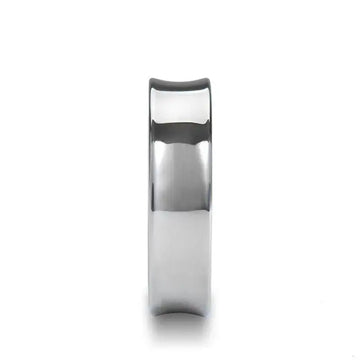 Concave polished tungsten carbide wedding band, narrow side profile highlighting inward-curved center