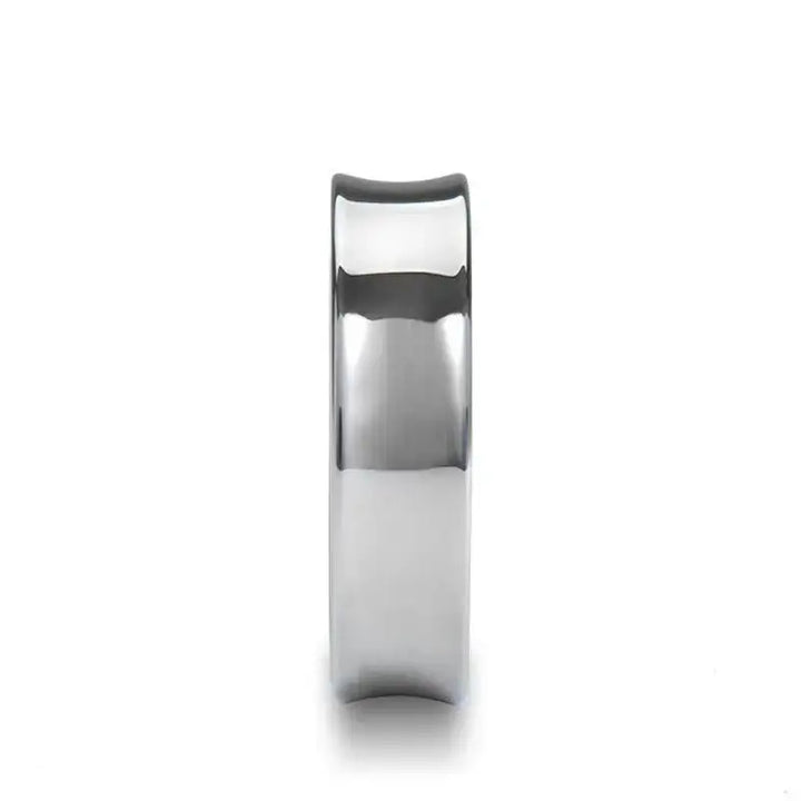 Concave polished tungsten carbide wedding band, narrow side profile highlighting inward-curved center