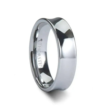 Concave polished tungsten carbide wedding band, three-quarter view emphasizing polished finish and concave center