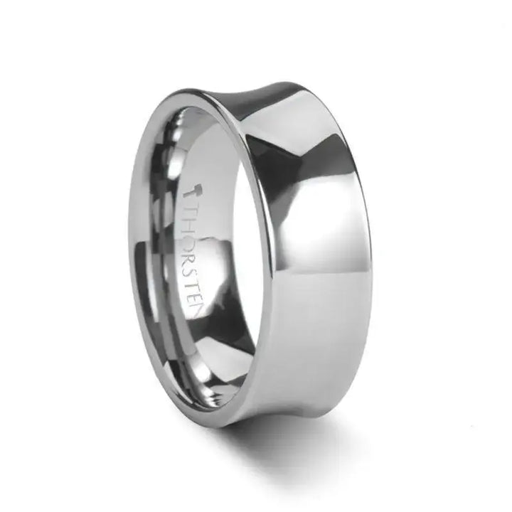 Concave polished tungsten carbide wedding band, side three-quarter view showing mirror finish and comfort-fit interior engraved THORSTEN