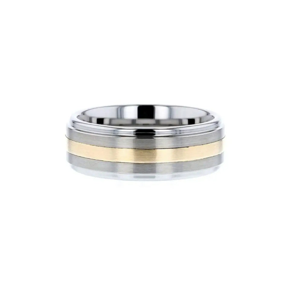 LONDON Gold Inlaid Raised Satin Finish Tungsten Ring - 8 mm - Larson Jewelers