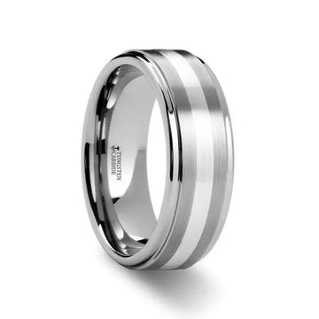 PRAETOR Silver Inlaid Raised Satin Finish Tungsten Ring - 8 mm - Larson Jewelers