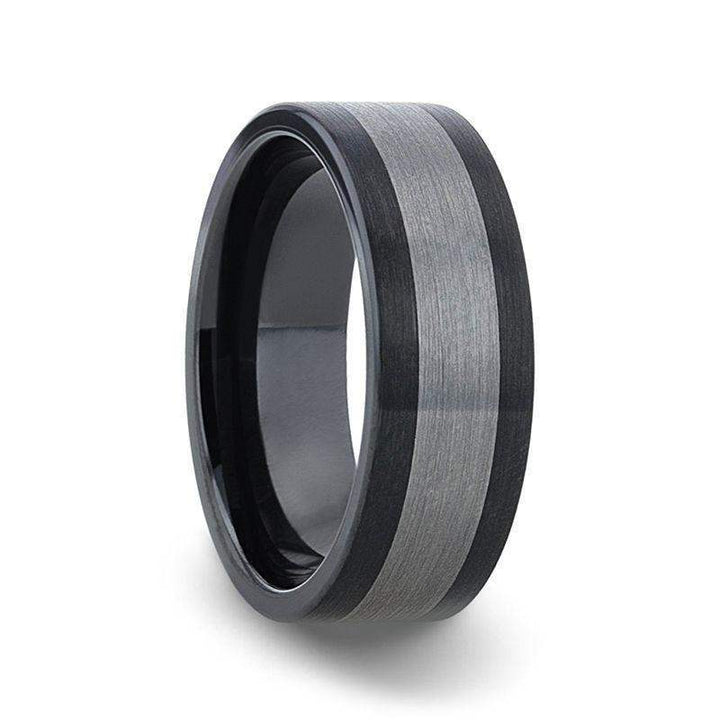 ENDAST Ceramic Inlay Black Tungsten Wedding Band With Flat Brushed Edges - 8mm - Larson Jewelers