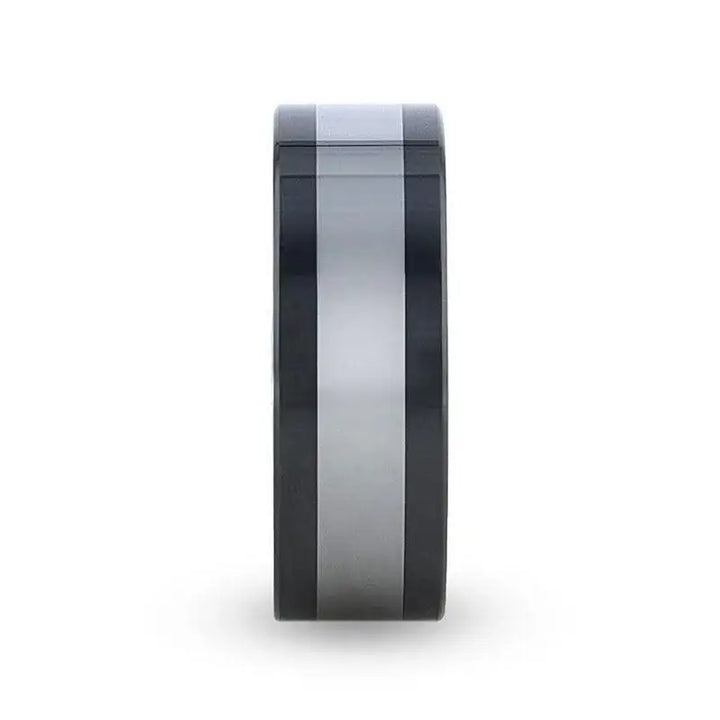 HUSKEY Ceramic ring with Tungsten Inlay Wedding Band With Flat Polished Edges - 8mm - Larson Jewelers