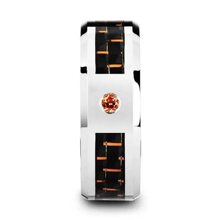NOAH Tungsten Ring with Black and Orange Carbon Fiber and Orange Padparadscha Setting - 8mm - Larson Jewelers