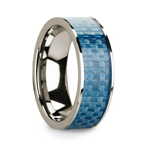 Flat 14k White Gold with Blue Carbon Fiber Inlay and Polished Edges - 8mm - Larson Jewelers