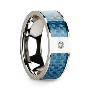 Flat 14k White Gold with Blue Carbon Fiber Inlay & White Diamond Setting - 8mm - Larson Jewelers