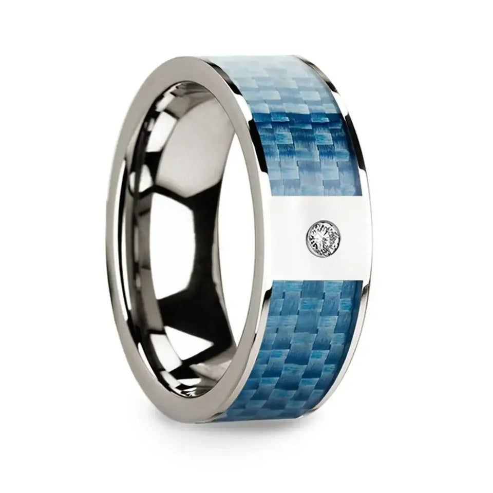 Flat 14k White Gold with Blue Carbon Fiber Inlay & White Diamond Setting - 8mm - Larson Jewelers