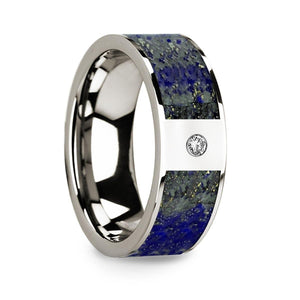 Flat 14k White Gold with Blue Lapis Lazuli Inlay & White Diamond Setting - 8mm - Larson Jewelers