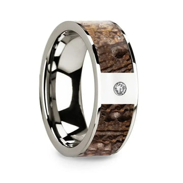 Flat 14k White Gold with Brown Dinosaur Inlay & White Diamond Setting - 8mm - Larson Jewelers