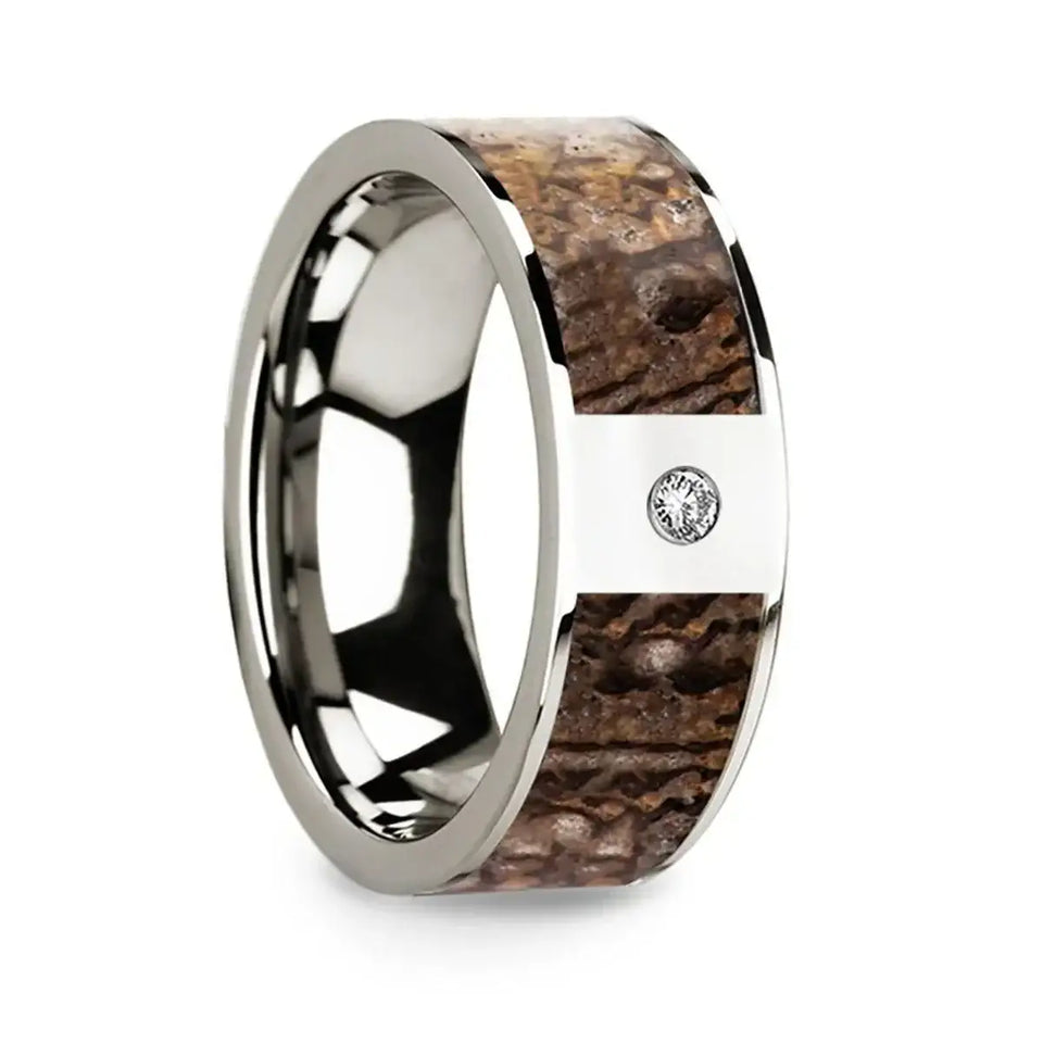 Flat 14k White Gold with Brown Dinosaur Inlay & White Diamond Setting - 8mm - Larson Jewelers