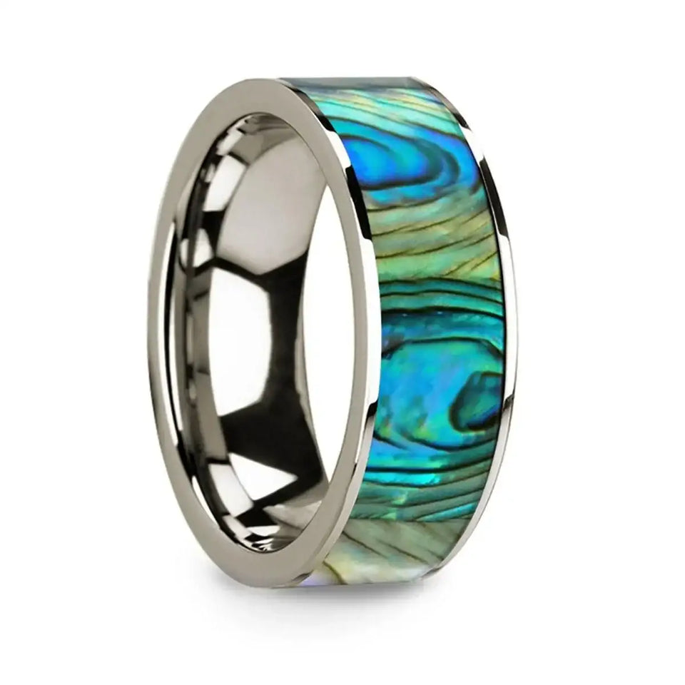 Flat 14k White Gold with Mother of Pearl Inlay and Polished Edges - 8mm - Larson Jewelers