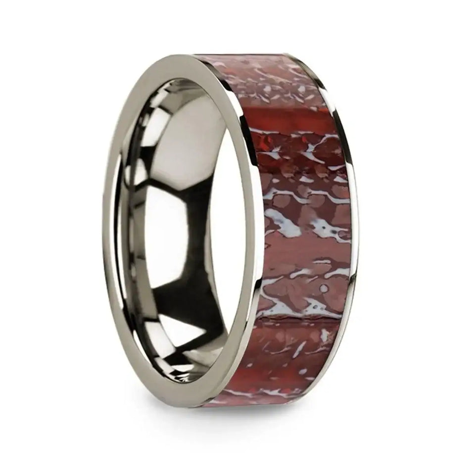 Flat 14k White Gold with Red Dinosaur Bone Inlay - 8mm - Larson Jewelers