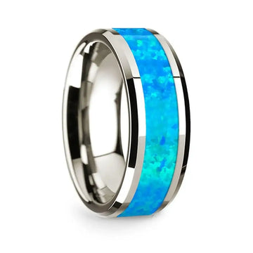 14k White Gold Polished Beveled Edges Wedding Ring with Blue Opal Inlay - 8 mm - Larson Jewelers
