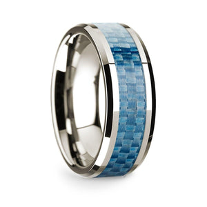 14k White Gold Polished Beveled Edges Wedding Ring with Blue Carbon Fiber Inlay - 8 mm - Larson Jewelers
