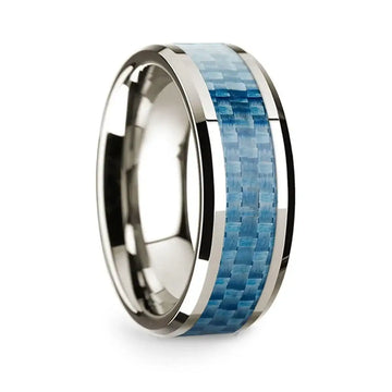 14k White Gold Polished Beveled Edges Wedding Ring with Blue Carbon Fiber Inlay - 8 mm - Larson Jewelers