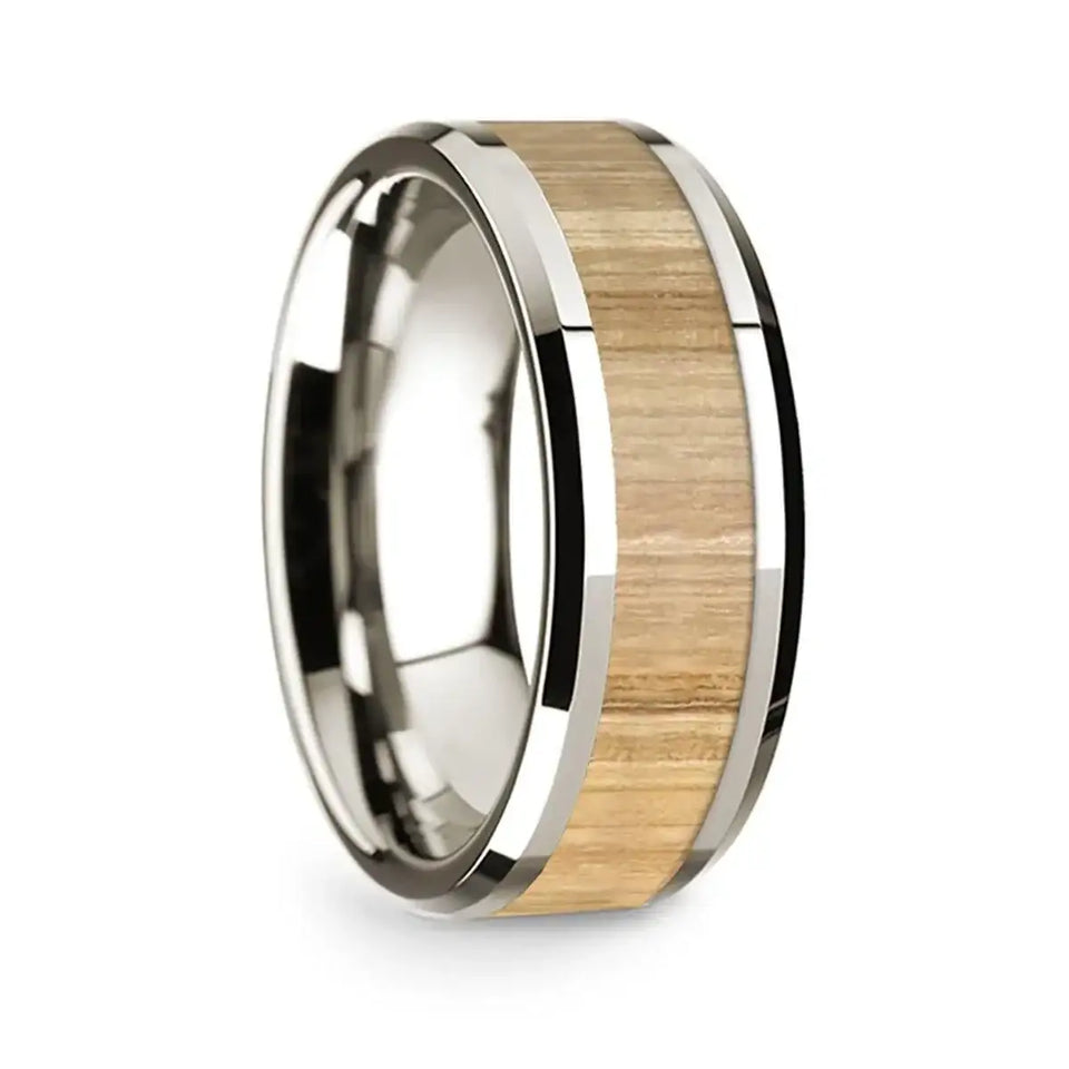 14k White Gold Polished Beveled Edges Wedding Ring with Ash Wood Inlay - 8 mm - Larson Jewelers