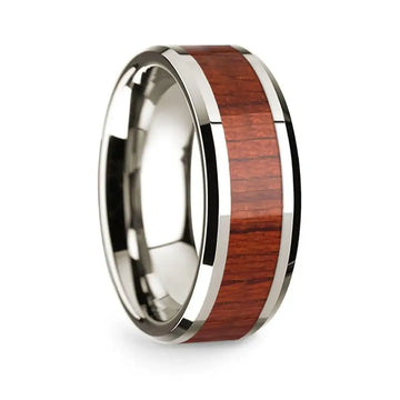 14k White Gold Polished Beveled Edges Wedding Ring with Padauk Inlay - 8 mm - Larson Jewelers