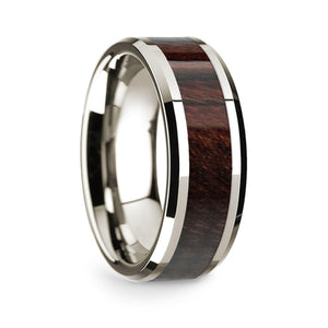 14k White Gold Polished Beveled Edges Wedding Ring with Bubinga Wood Inlay - 8 mm - Larson Jewelers
