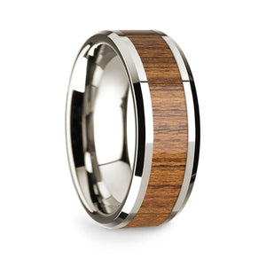 14k White Gold Polished Beveled Edges Wedding Ring with Teakwood Inlay - 8 mm - Larson Jewelers