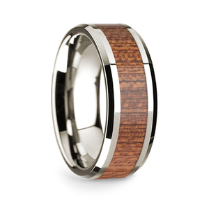14k White Gold Polished Beveled Edges Wedding Ring with Cherry Wood Inlay - 8 mm - Larson Jewelers