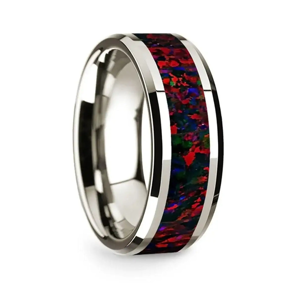 14k White Gold Polished Beveled Edges Wedding Ring with Black and Red Opal Inlay - 8 mm - Larson Jewelers