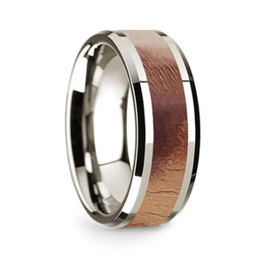 14k White Gold Polished Beveled Edges Men's Wedding Band with Olive Wood Inlay - 8 mm - Larson Jewelers