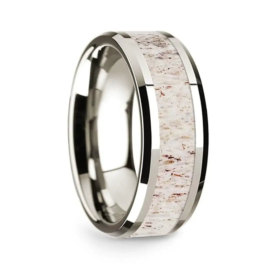 14k White Gold Polished Beveled Edges Wedding Ring with White Deer Antler Inlay - 8 mm - Larson Jewelers