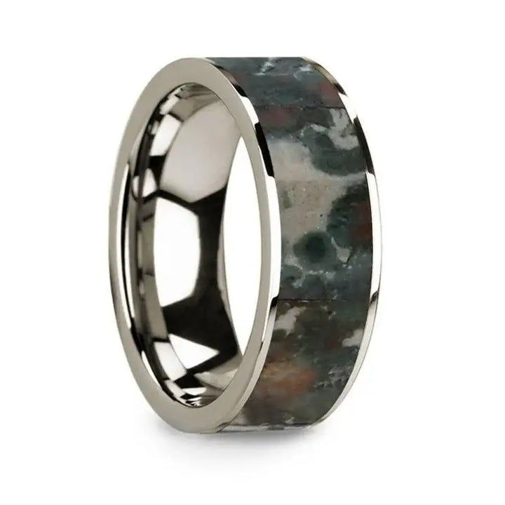 Flat Polished 14k White Gold Wedding Ring with Coprolite Fossil Inlay - 8 mm - Larson Jewelers