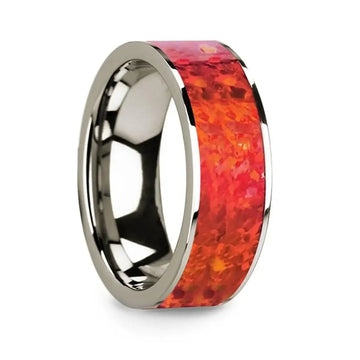 Polished 14k White Gold Men’s Flat Wedding Ring with Red Opal Inlay - 8mm - Larson Jewelers