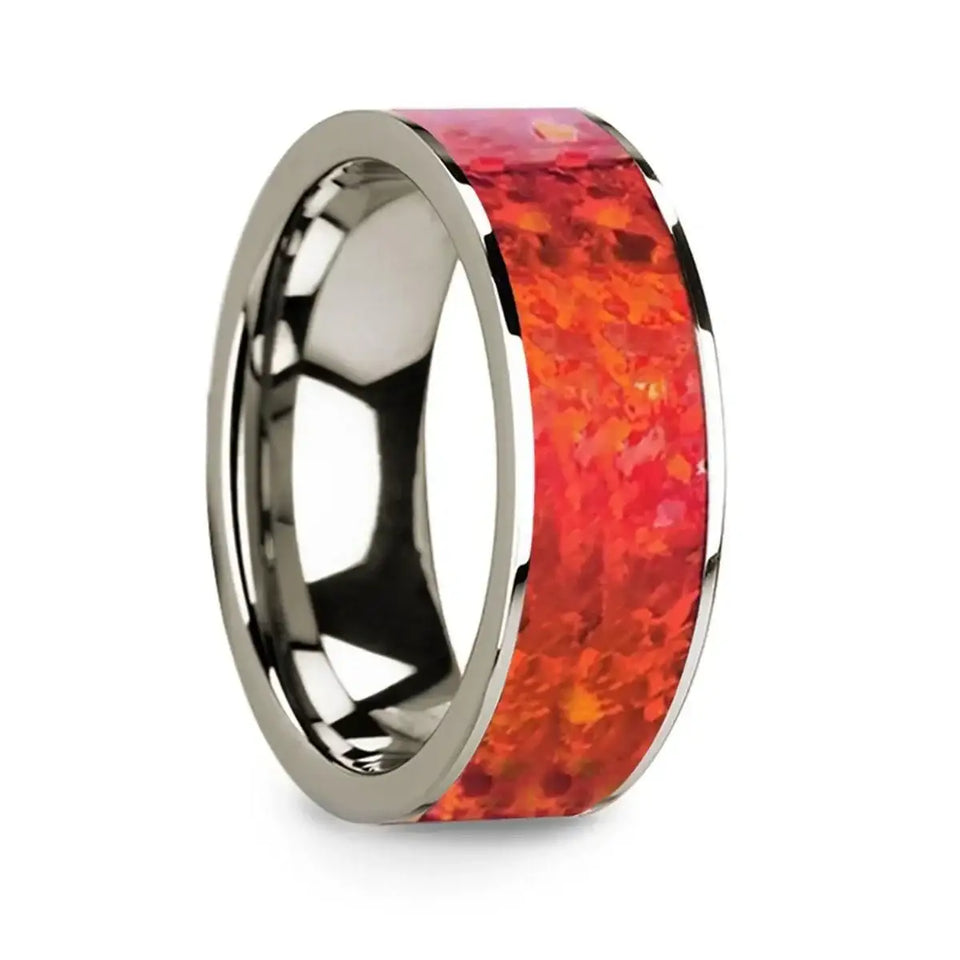 Polished 14k White Gold Men’s Flat Wedding Ring with Red Opal Inlay - 8mm - Larson Jewelers