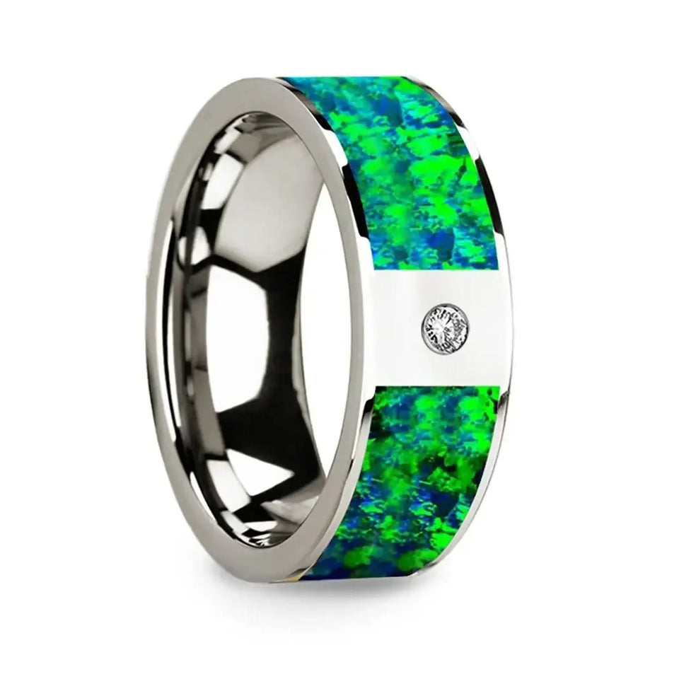 Men’s Polished 14k White Gold & Green/Blue Opal Inlay Wedding Ring with Diamond - 8mm - Larson Jewelers