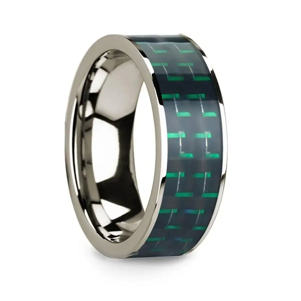 Men’s Polished 14k White Gold Flat Ring with Black & Green Carbon Fiber Inlay - 8mm - Larson Jewelers