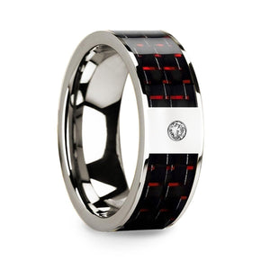 Men’s 14k White Gold Flat Wedding Ring with Red & Black Carbon Fiber Inlay & Diamond - 8mm - Larson Jewelers