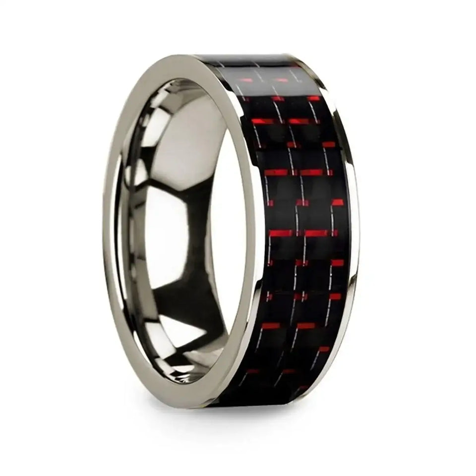 Men’s 14k White Gold Flat Wedding Band with Black & Red Carbon Fiber - 8mm - Larson Jewelers