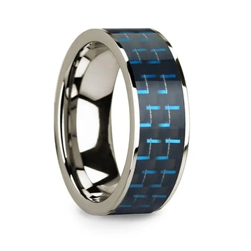 Polished 14k White Gold & Black/Blue Carbon Fiber Inlaid Flat Wedding Ring - 8mm - Larson Jewelers