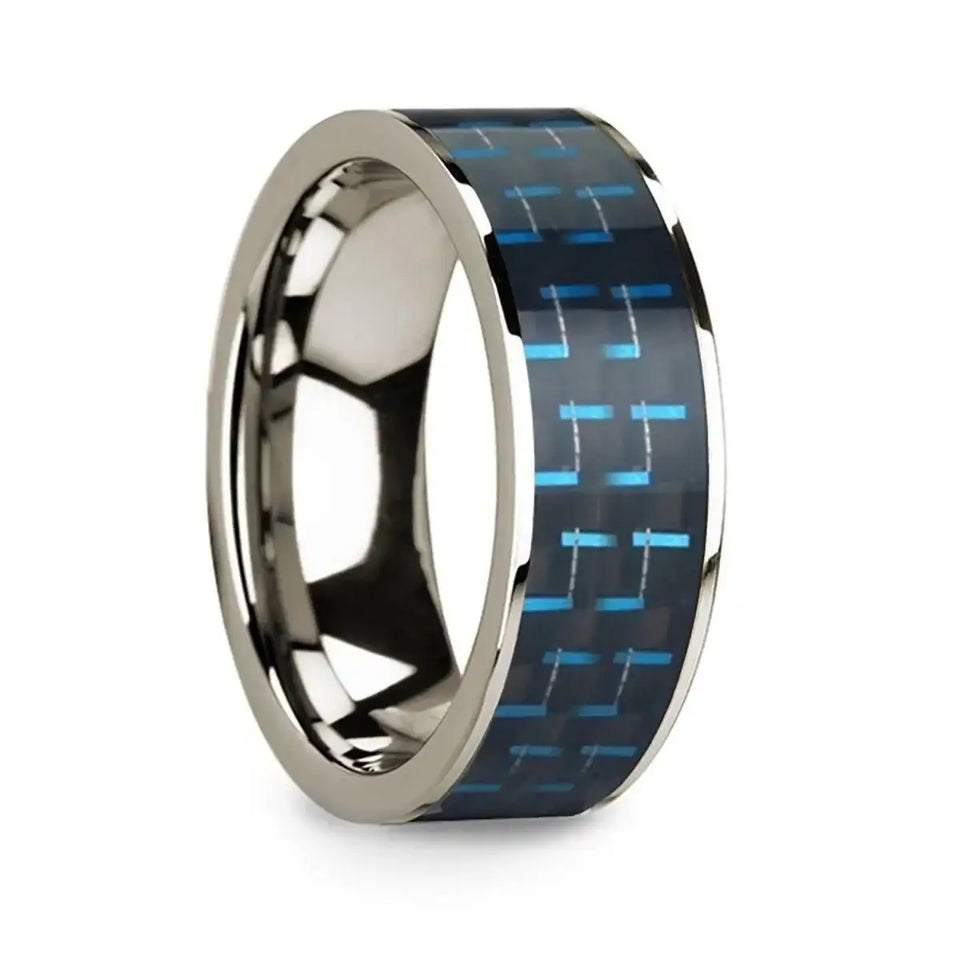 Polished 14k White Gold & Black/Blue Carbon Fiber Inlaid Flat Wedding Ring - 8mm - Larson Jewelers