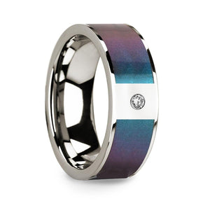 14k Polished White Gold Wedding Ring with Blue & Purple Color Changing Inlay & Diamond - 8mm - Larson Jewelers