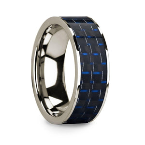 Blue & Black Carbon Fiber Inlaid Polished 14k White Gold Men’s Flat Wedding Ring - 8mm - Larson Jewelers