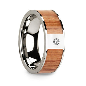 Polished 14k White Gold Men’s Wedding Band with Red Oak Wood Inlay & Diamond Accent - 8mm - Larson Jewelers