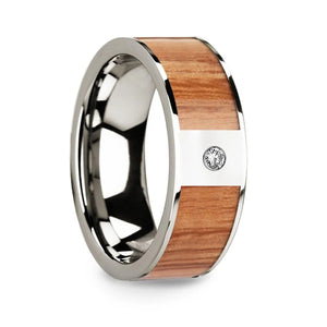 Polished 14k White Gold Men’s Wedding Band with Red Oak Wood Inlay & Diamond Accent - 8mm - Larson Jewelers