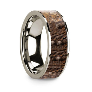 Polished 14k White Gold Men’s Flat Wedding Ring with Brown Dinosaur Bone Inlay - 8mm - Larson Jewelers