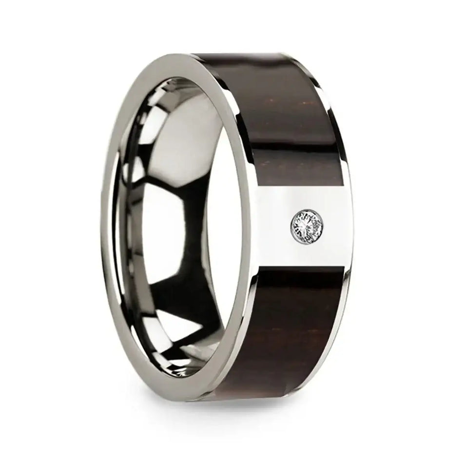 Men’s Polished 14k White Gold & Ebony Wood Inlaid Wedding Ring with Diamond Center - 8mm - Larson Jewelers